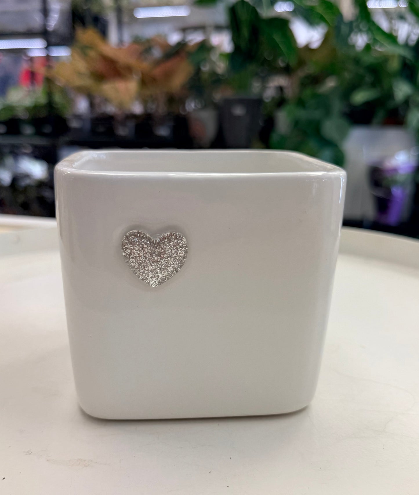 Ceramic Pot | White Square with Heart 4”